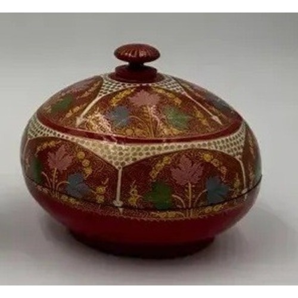 Vintage Kashmiri Papier Mache Lidded Trinket Box Red Floral Gold Lacquer 4.5"